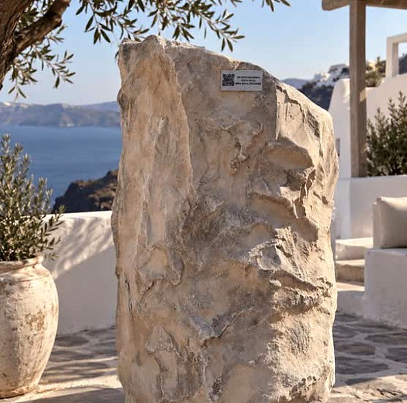Maceta de piedra falsa clara en un patio mediterráneo